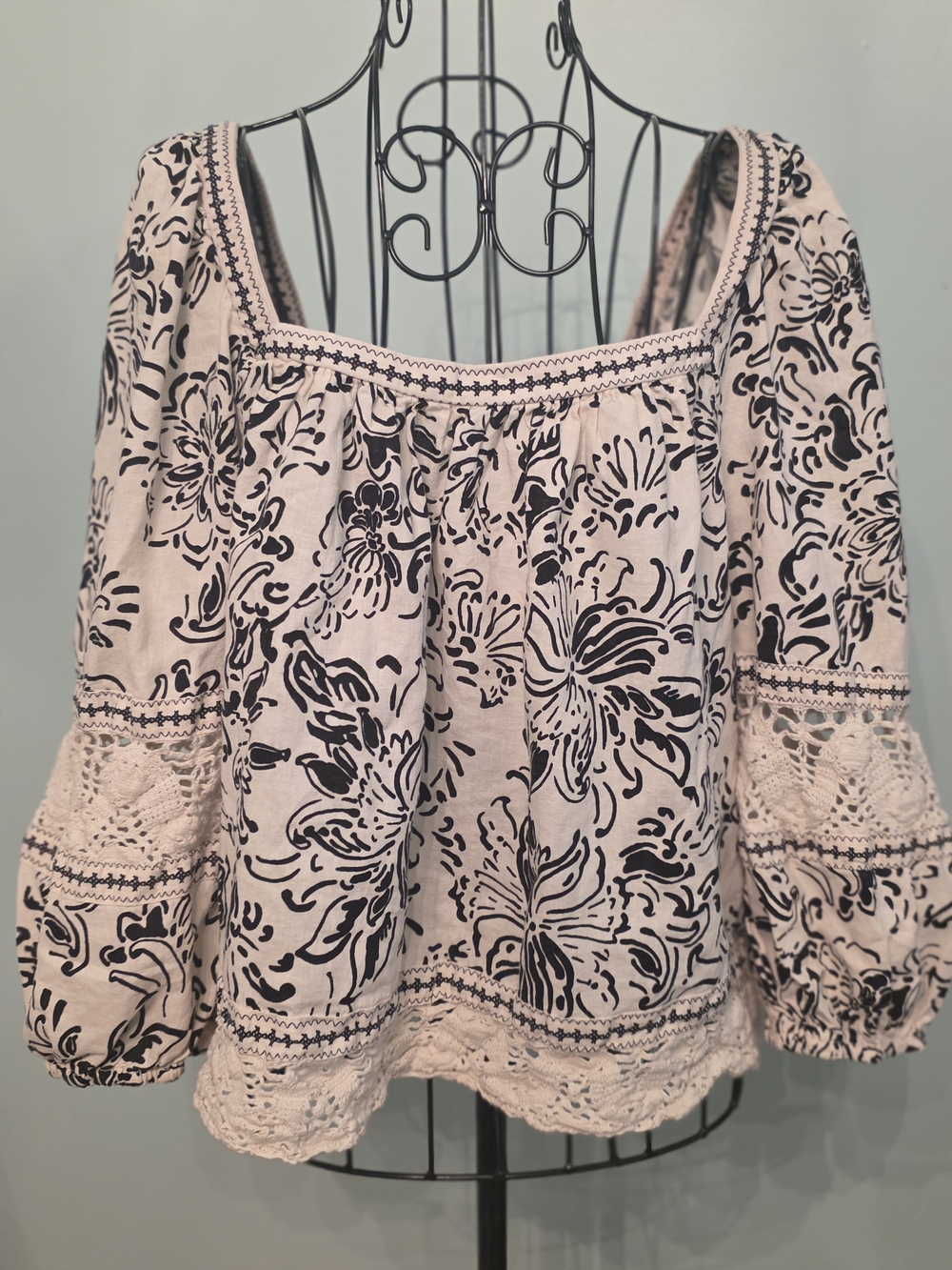Boho Puff Sleeve Top - Black Floral on Cream